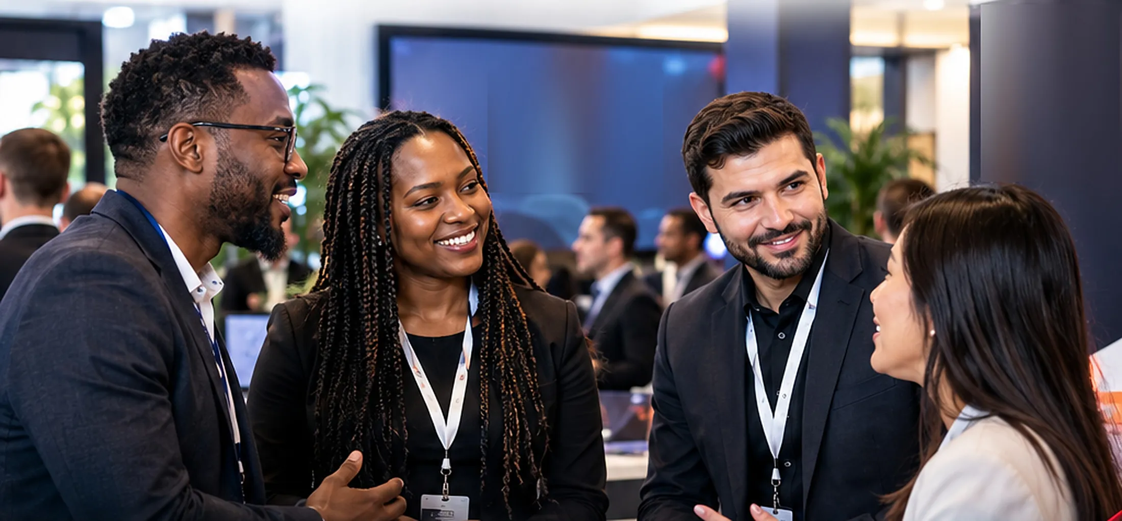 Business guests talking at a technology event
